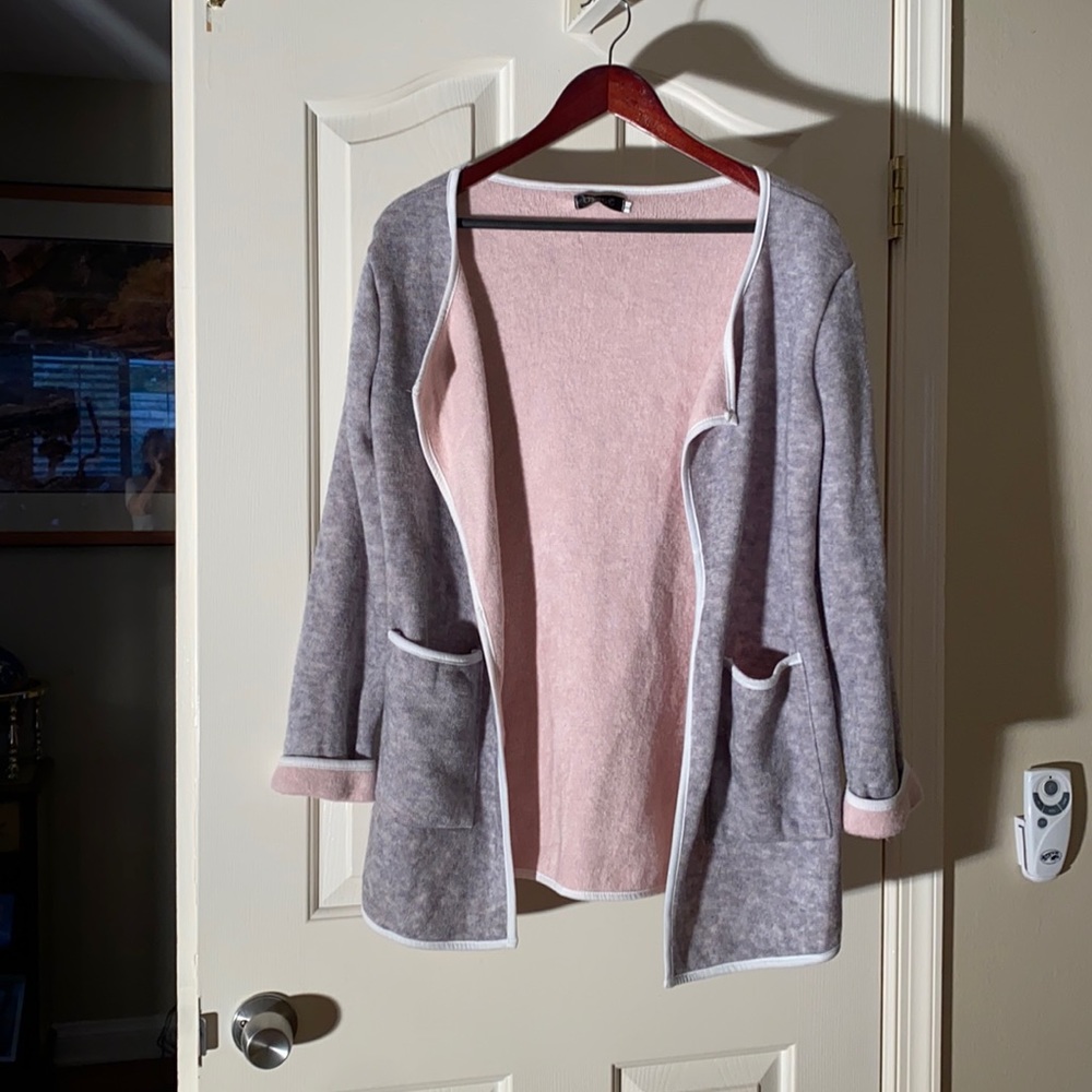 Large pink, grey and white open front sweater